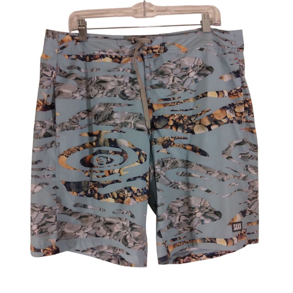 SAXX shorts mens 36 blue rock all over swim trunks board drawstring performance